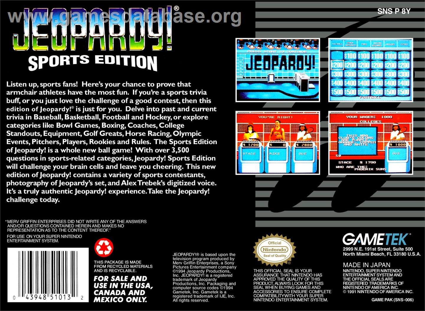 Jeopardy! Sports Edition - Nintendo SNES - Artwork - Box Back