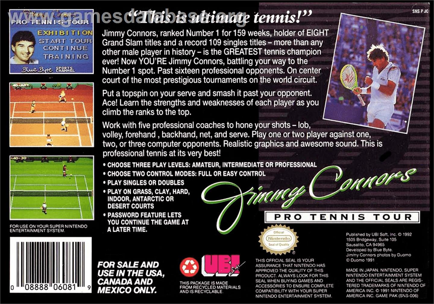 Jimmy Connors Pro Tennis Tour - Nintendo SNES - Artwork - Box Back