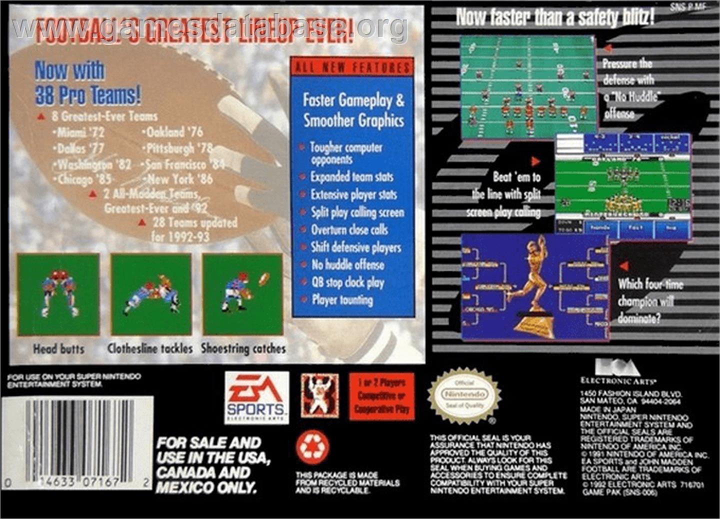 John Madden Football '93 - Nintendo SNES - Artwork - Box Back