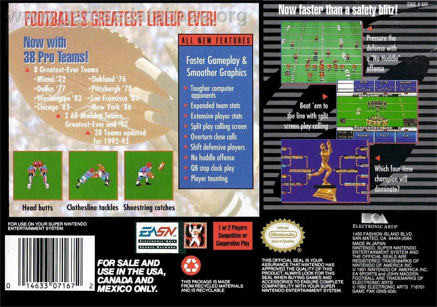 John Madden Football '93 - Nintendo SNES - Artwork - Box Back