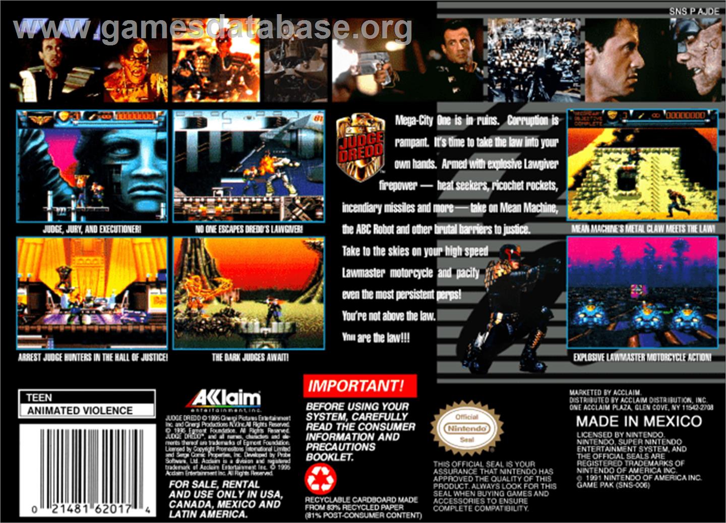 Judge Dredd - Nintendo SNES - Artwork - Box Back