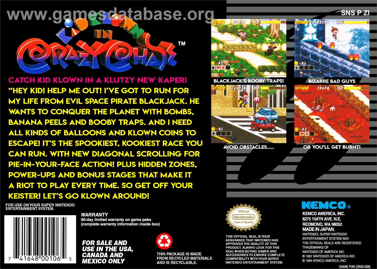 Kid Klown In Crazy Chase - Nintendo SNES - Artwork - Box Back