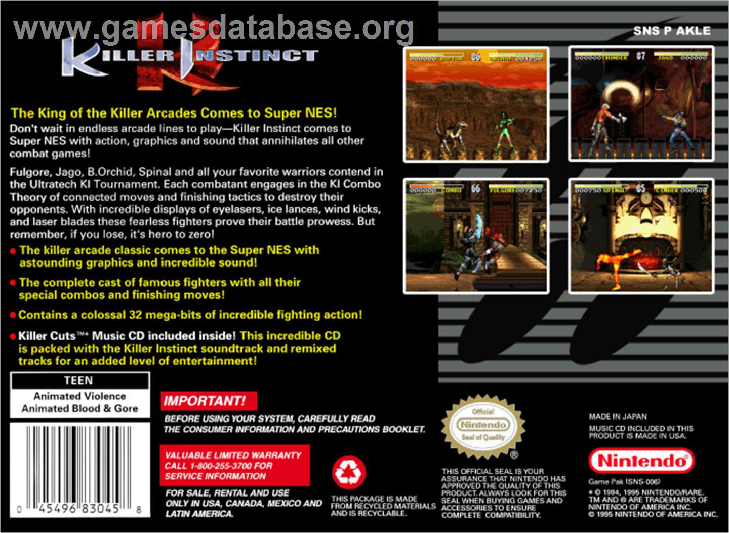 Killer Instinct - Nintendo SNES - Artwork - Box Back