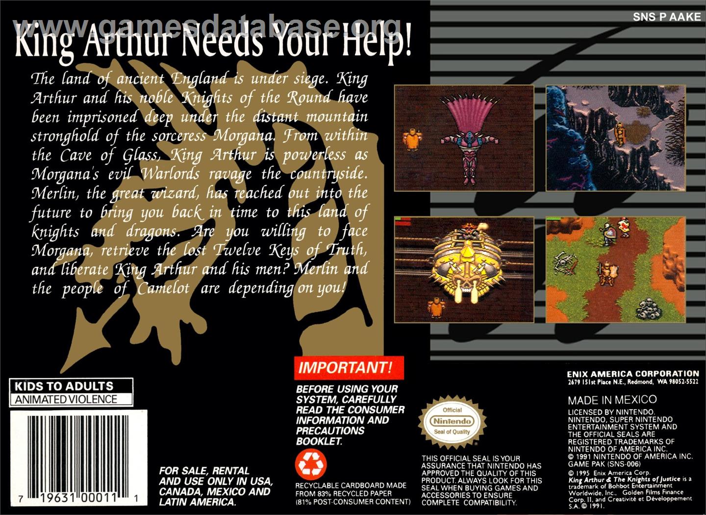 King Arthur And The Knights Of Justice - Nintendo SNES - Artwork - Box Back