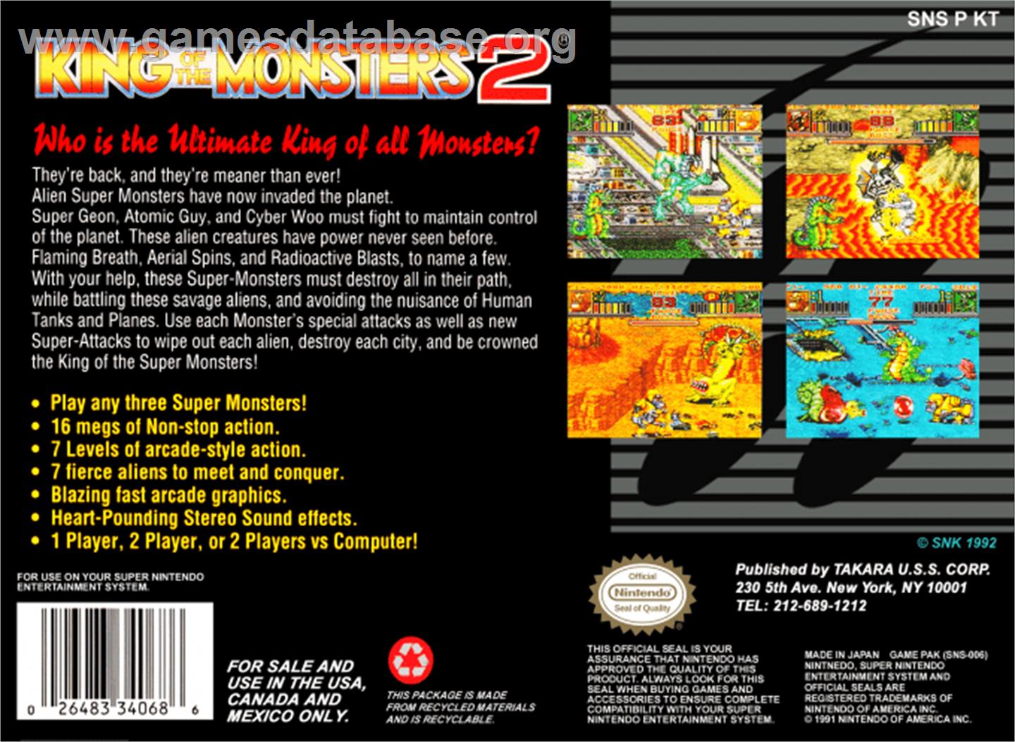 King of the Monsters 2: The Next Thing - Nintendo SNES - Artwork - Box Back