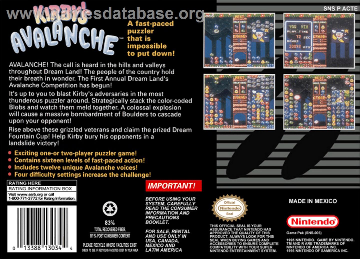 Kirby's Avalanche - Nintendo SNES - Artwork - Box Back