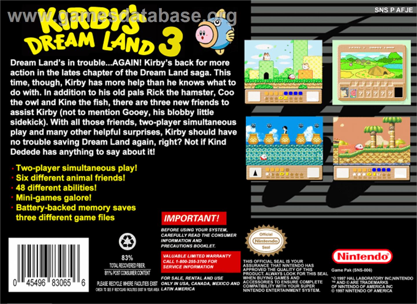 Kirby's DreamLand 3 - Nintendo SNES - Artwork - Box Back