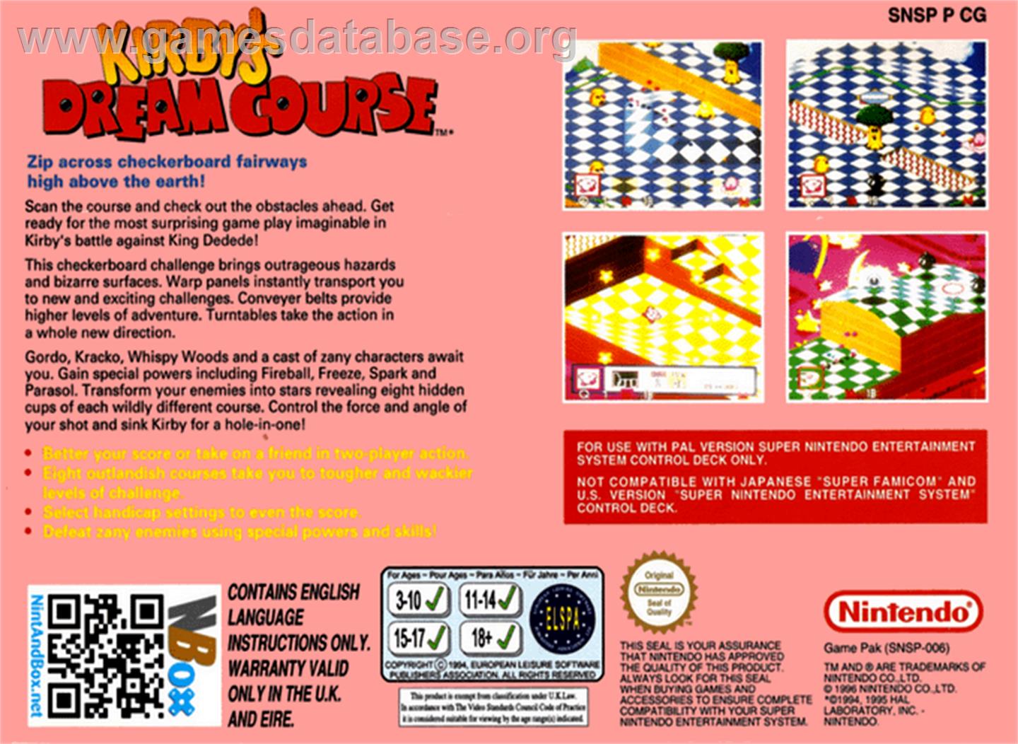Kirby's Dream Course - Nintendo SNES - Artwork - Box Back