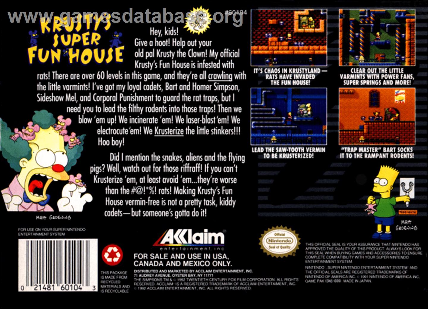 Krusty's Fun House - Nintendo SNES - Artwork - Box Back