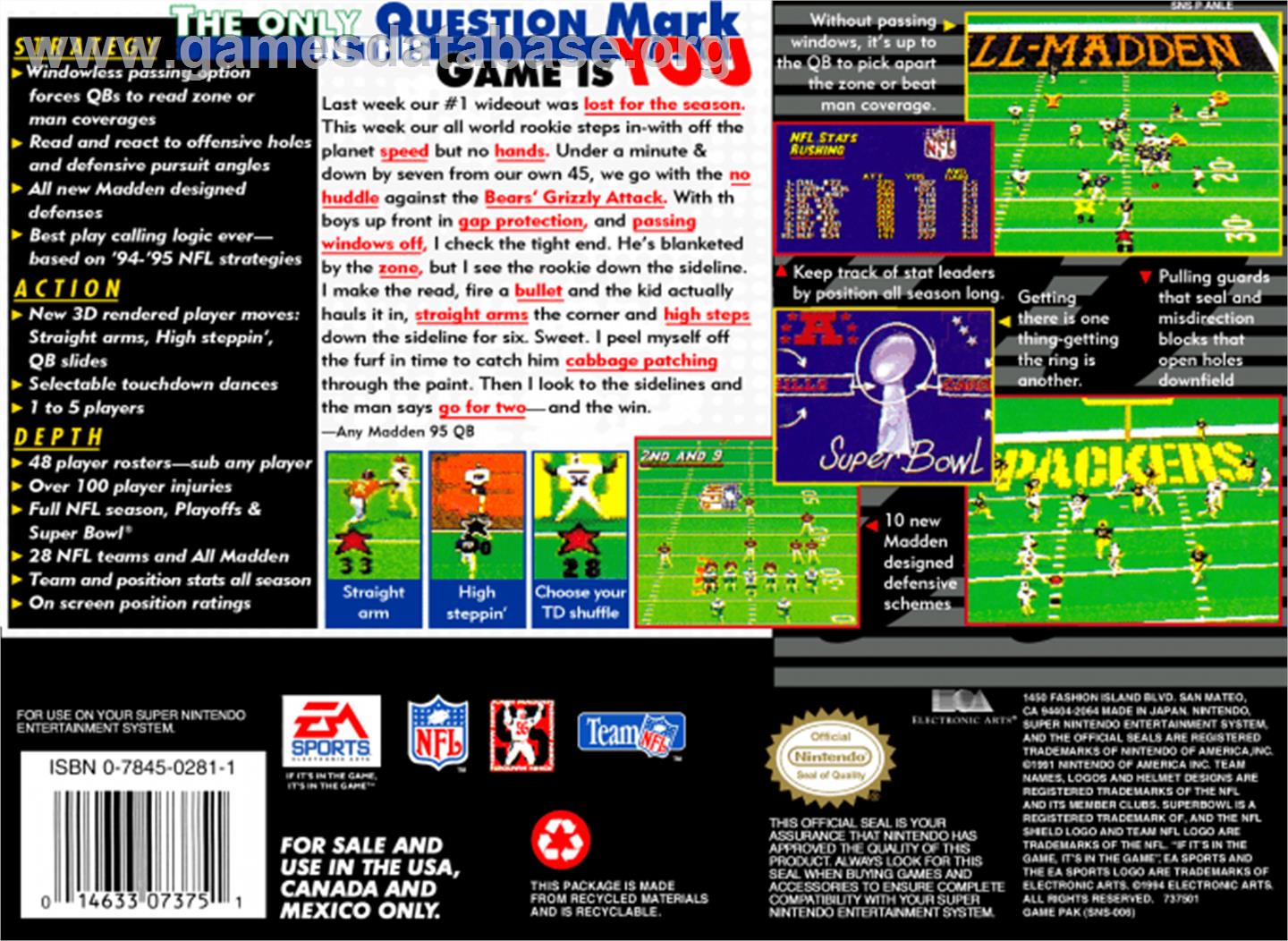 Madden NFL '95 - Nintendo SNES - Artwork - Box Back