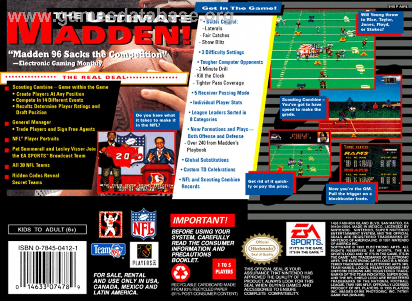 Madden NFL '96 - Nintendo SNES - Artwork - Box Back