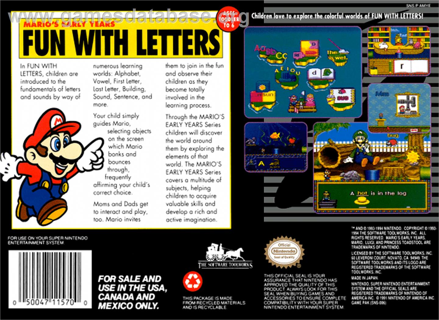 Mario's Early Years: Fun With Letters - Nintendo SNES - Artwork - Box Back