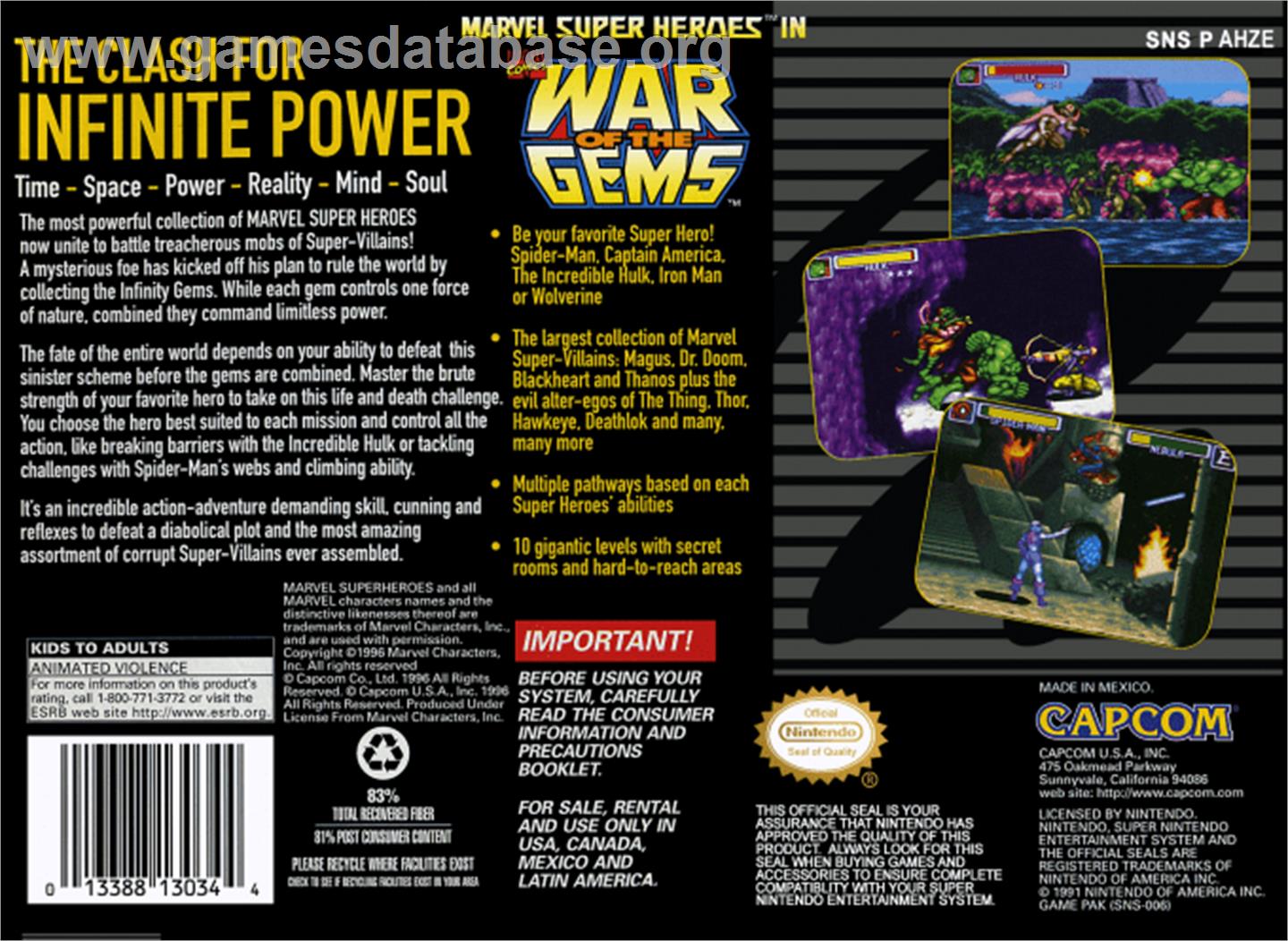 Marvel Super Heroes in War of the Gems - Nintendo SNES - Artwork - Box Back