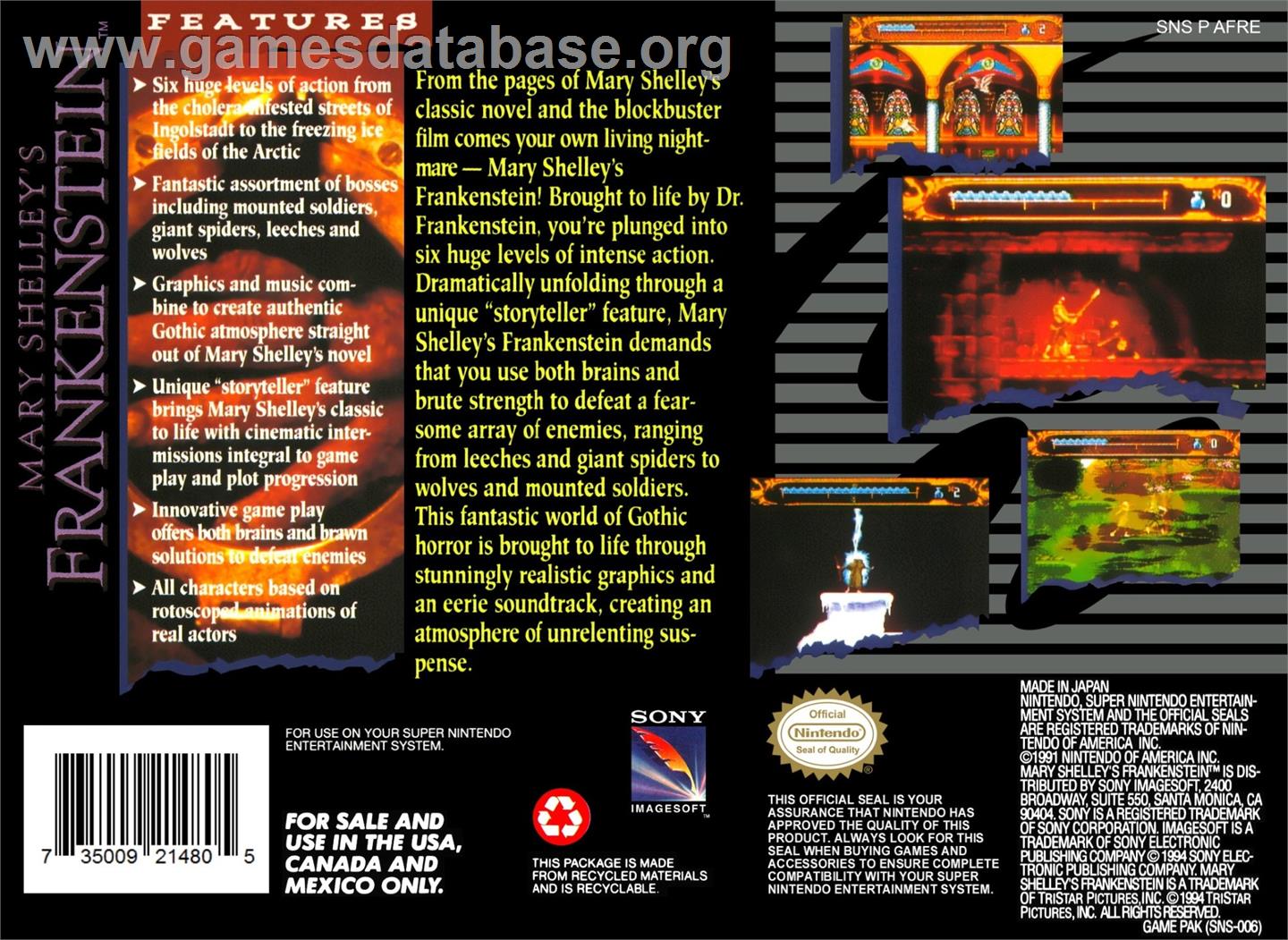 Mary Shelley's Frankenstein - Nintendo SNES - Artwork - Box Back