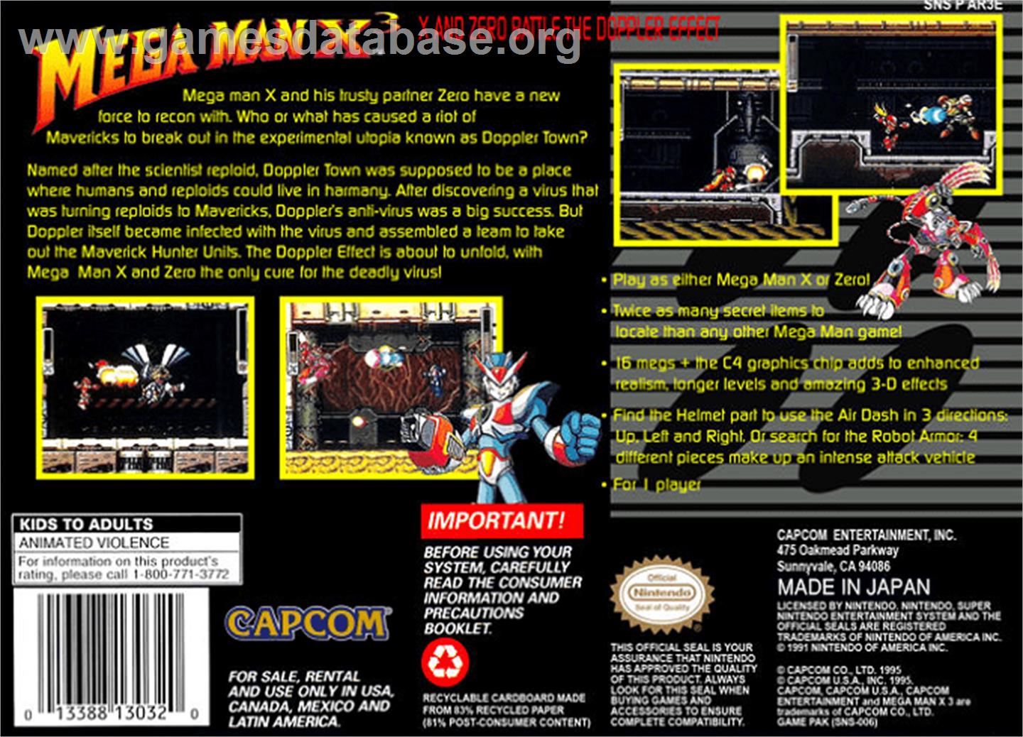 Mega Man X3 - Nintendo SNES - Artwork - Box Back