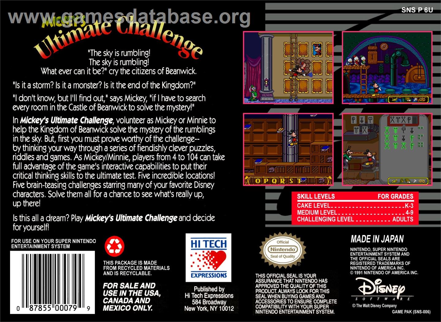 Mickey's Ultimate Challenge - Nintendo SNES - Artwork - Box Back