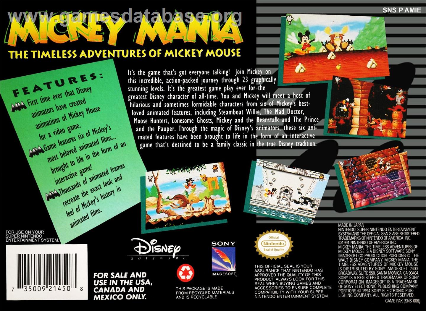Mickey Mania - The Timeless Adventures Of Mickey Mouse - Nintendo SNES - Artwork - Box Back