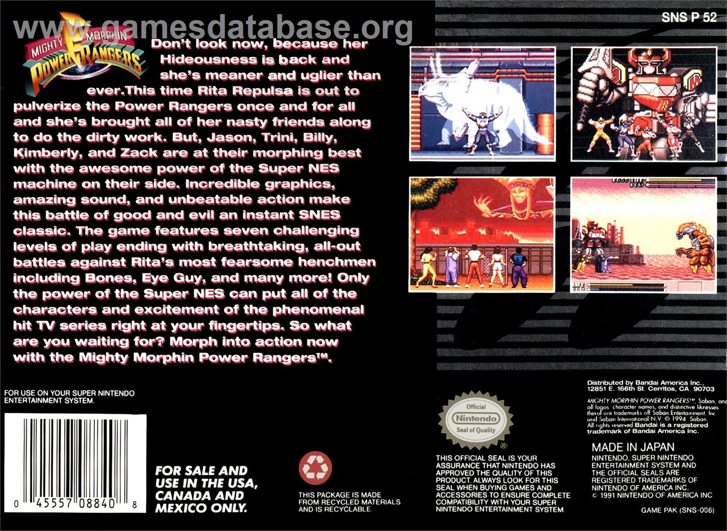 Mighty Morphin Power Rangers - Nintendo SNES - Artwork - Box Back