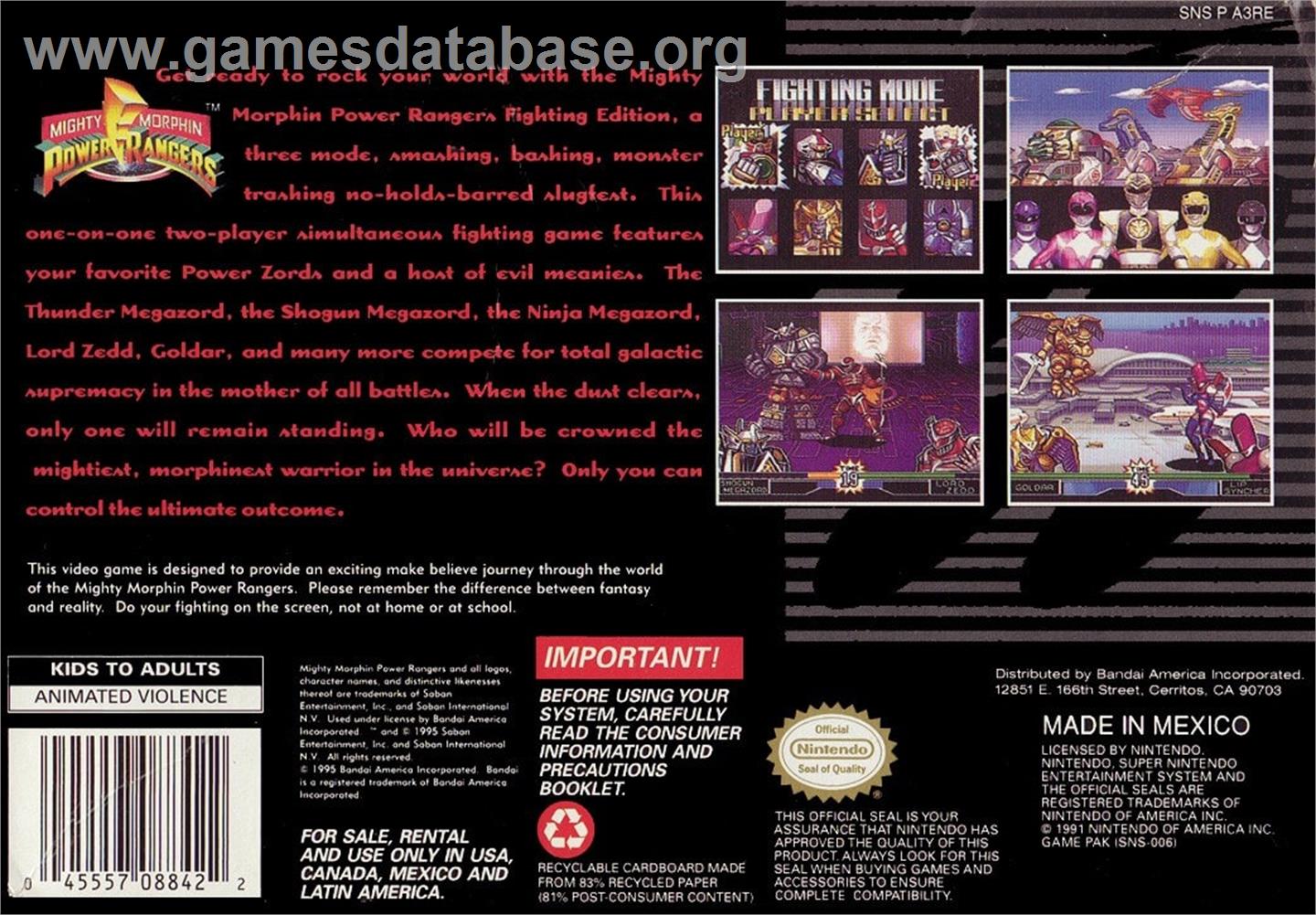 Mighty Morphin Power Rangers - The Fighting Edition - Nintendo SNES - Artwork - Box Back