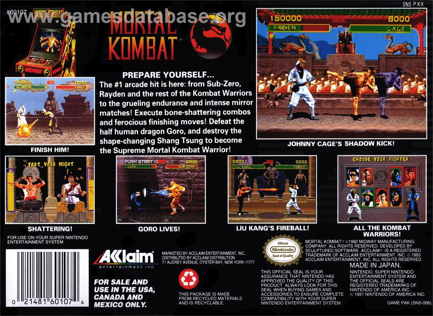 Mortal Kombat - Nintendo SNES - Artwork - Box Back