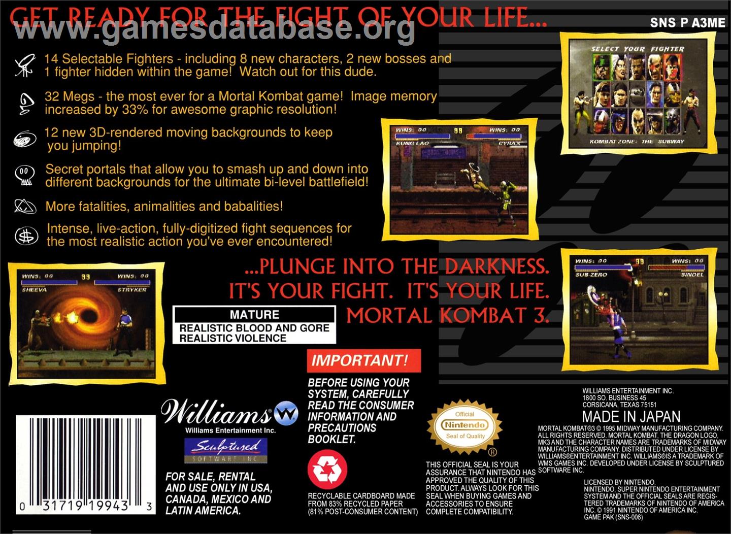 Mortal Kombat 3 - Nintendo SNES - Artwork - Box Back