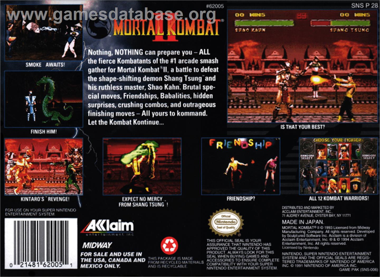 Mortal Kombat II - Nintendo SNES - Artwork - Box Back