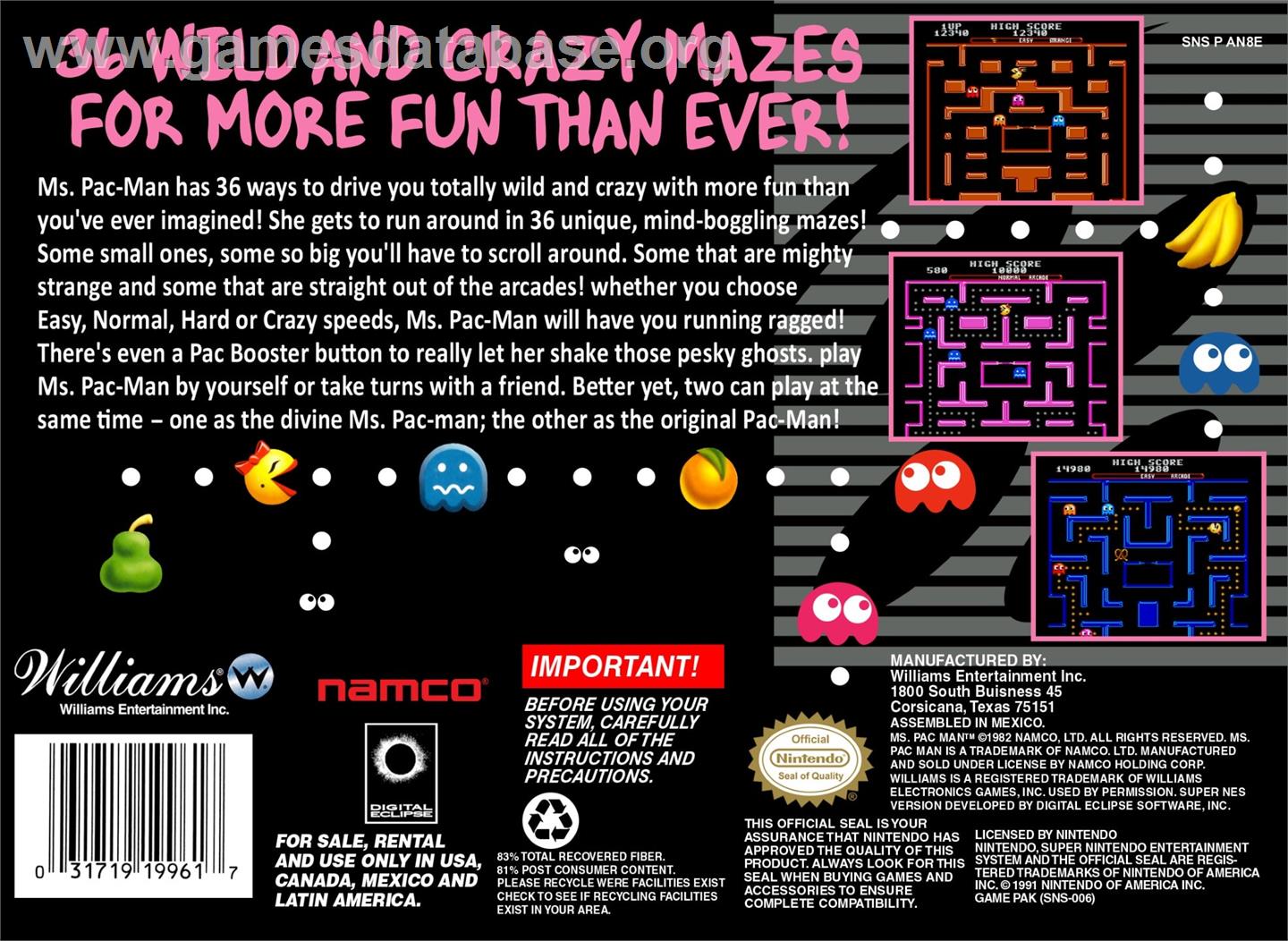 Ms. Pac-man - Nintendo SNES - Artwork - Box Back