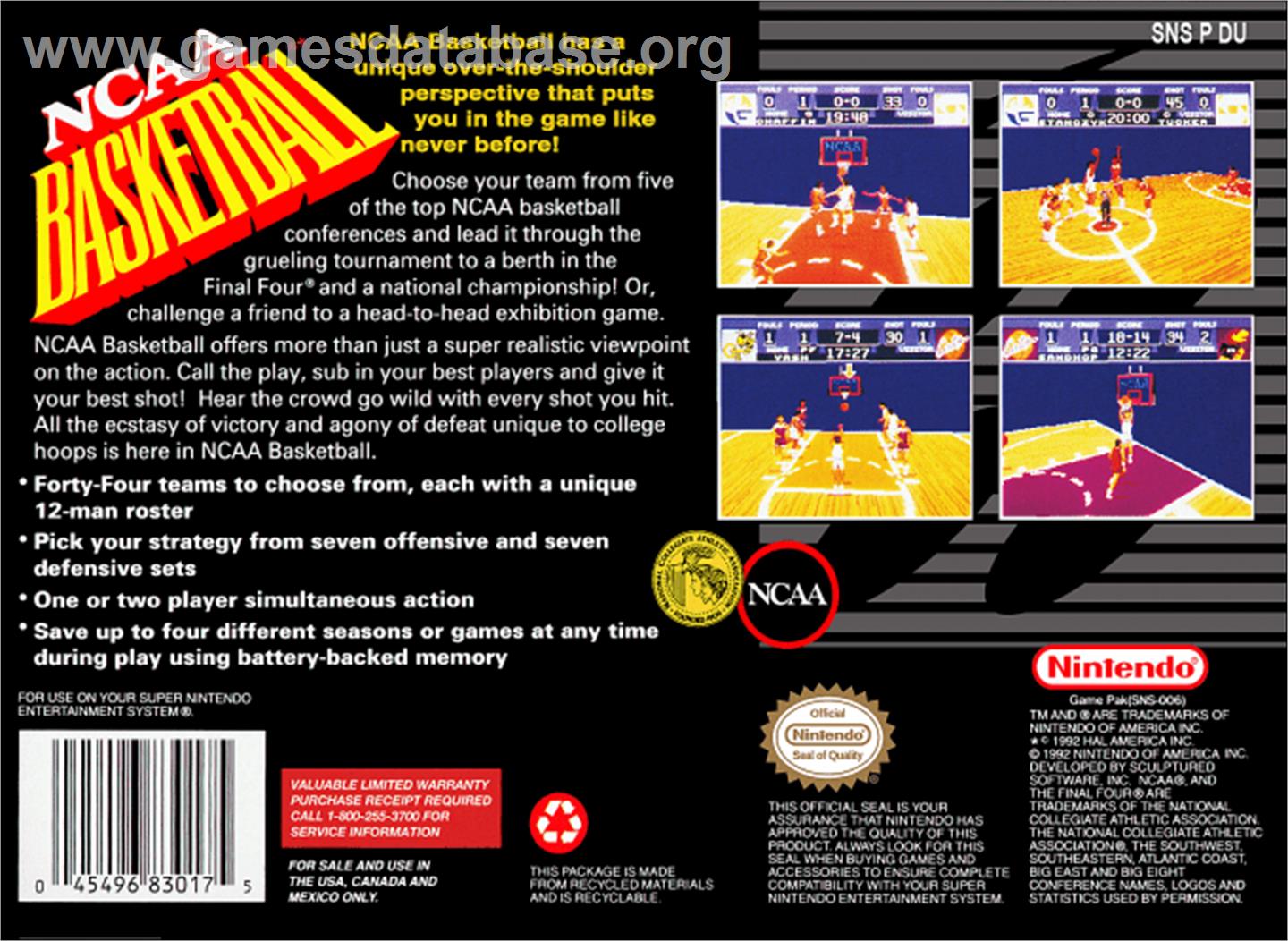 NCAA Basketball - Nintendo SNES - Artwork - Box Back