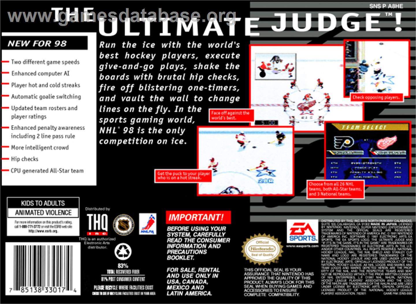 NHL '98 - Nintendo SNES - Artwork - Box Back