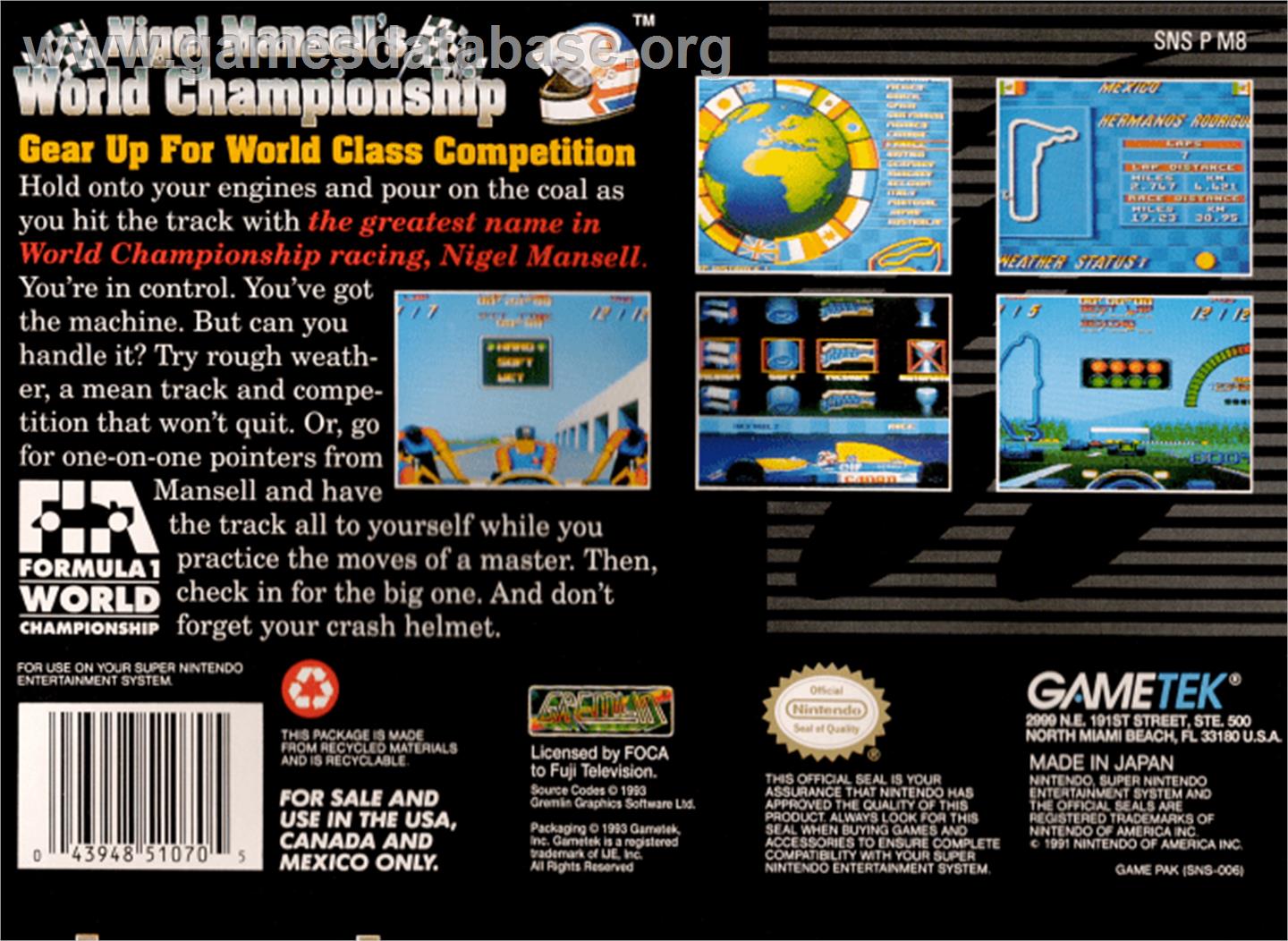 Nigel Mansell's World Championship - Nintendo SNES - Artwork - Box Back