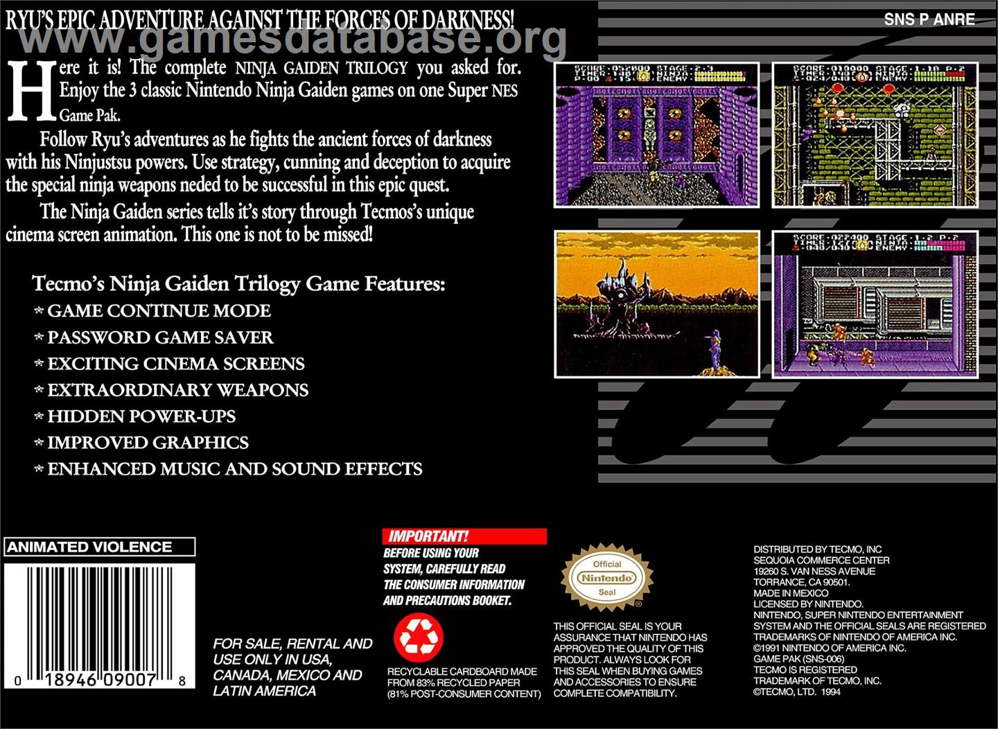 Ninja Gaiden Trilogy - Nintendo SNES - Artwork - Box Back