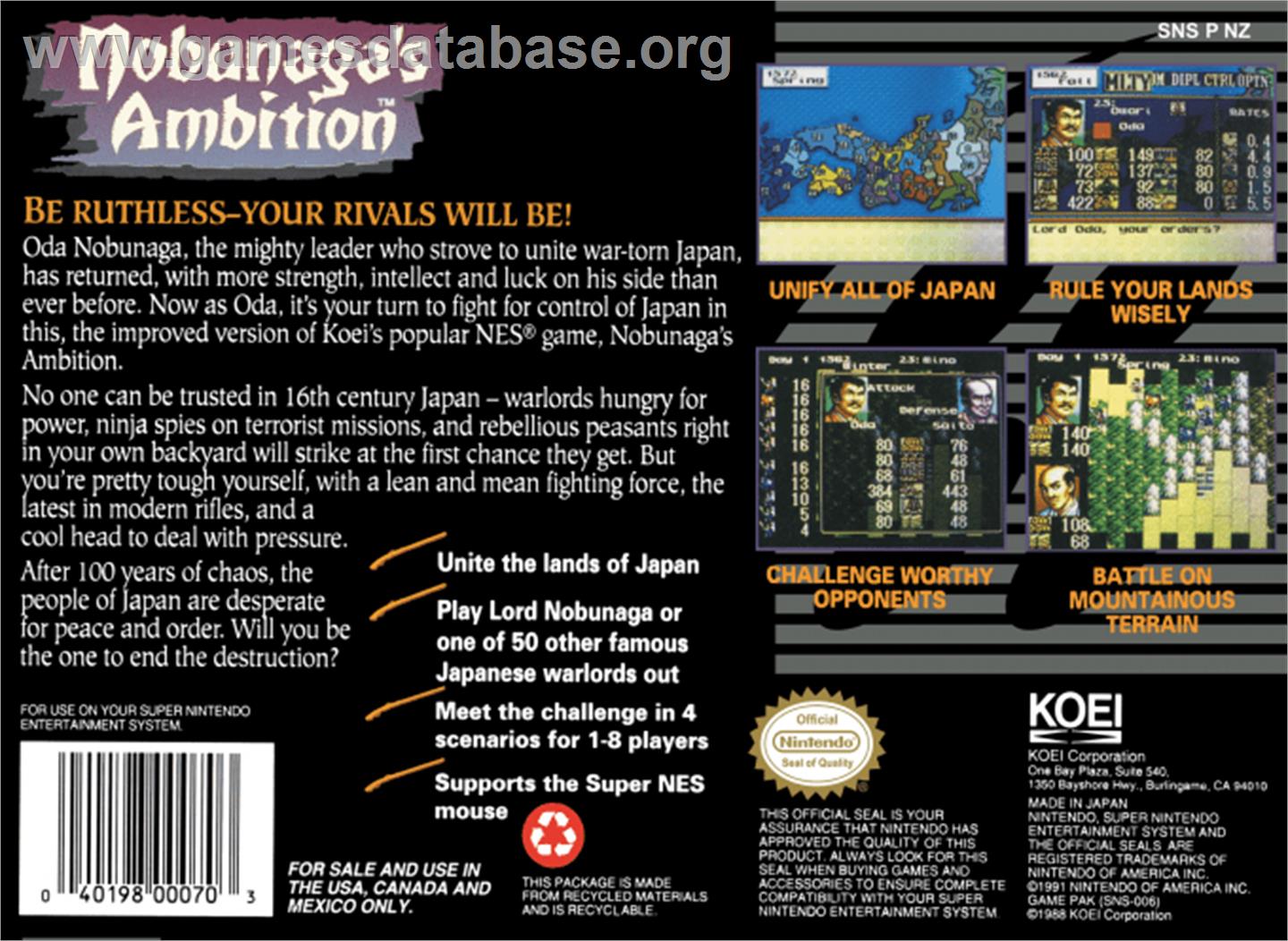 Nobunaga's Ambition: Lord of Darkness - Nintendo SNES - Artwork - Box Back