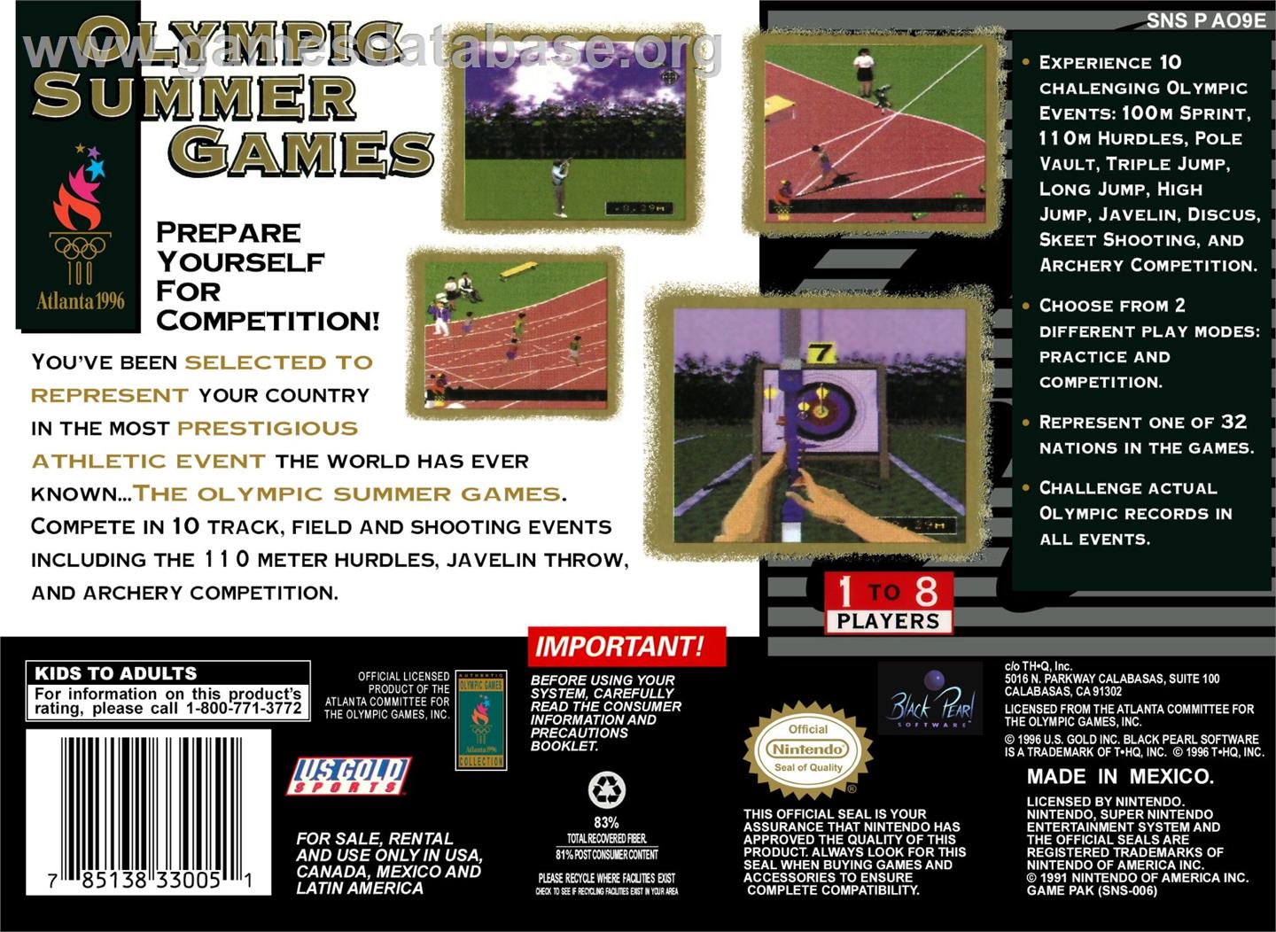 Olympic Summer Games - Nintendo SNES - Artwork - Box Back