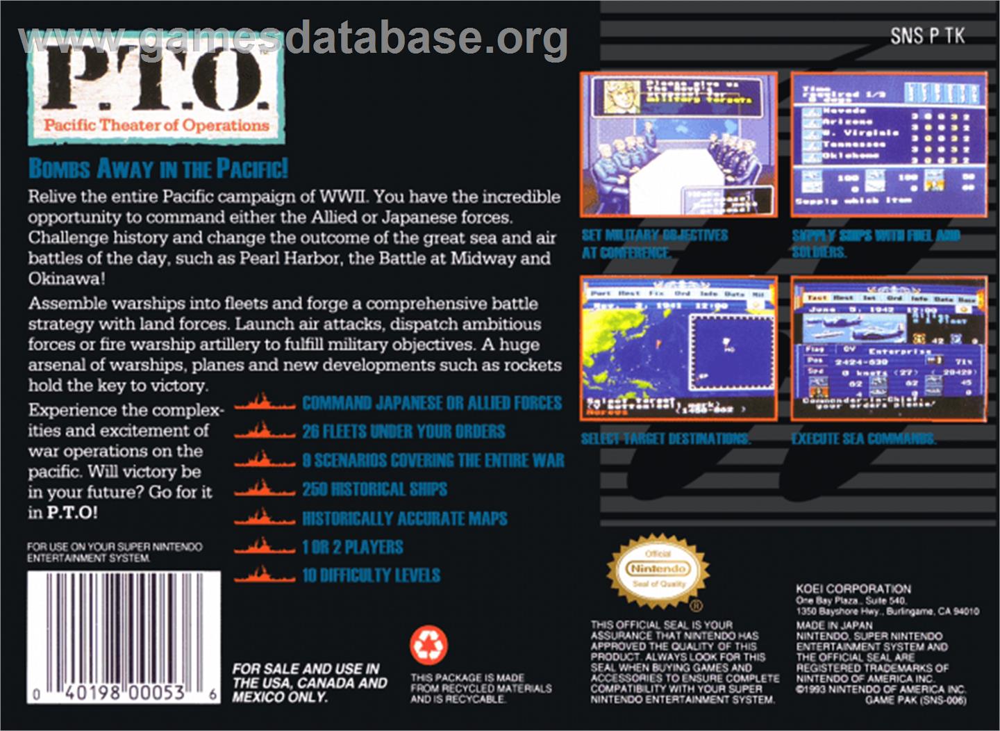 P.T.O.: Pacific Theater of Operations - Nintendo SNES - Artwork - Box Back