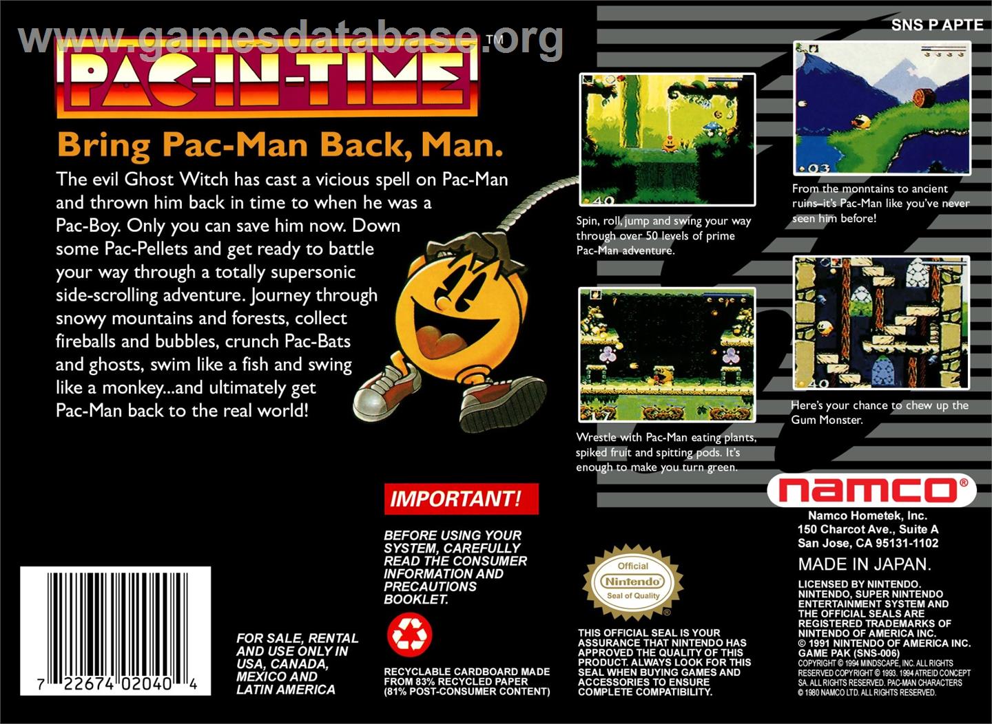 Pac-in-time - Nintendo SNES - Artwork - Box Back