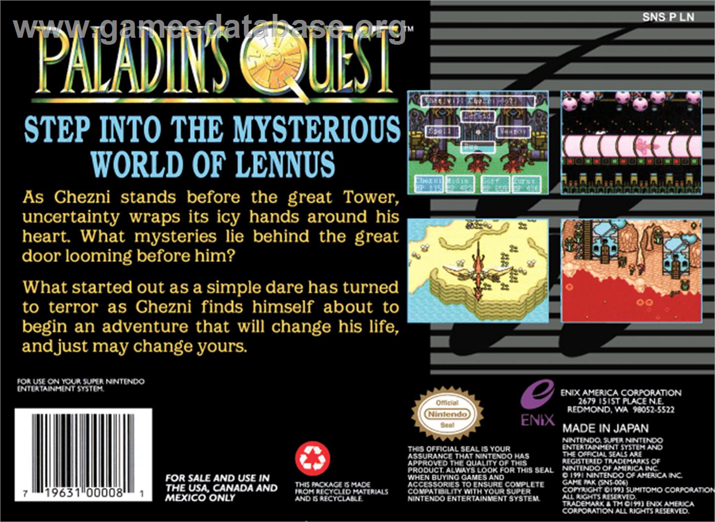 Paladin's Quest - Nintendo SNES - Artwork - Box Back