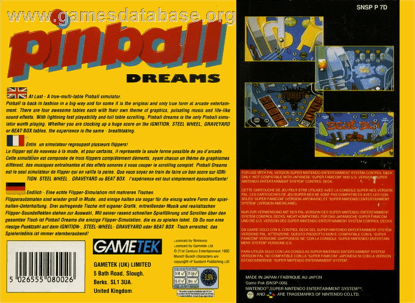 Pinball Dreams - Nintendo SNES - Artwork - Box Back