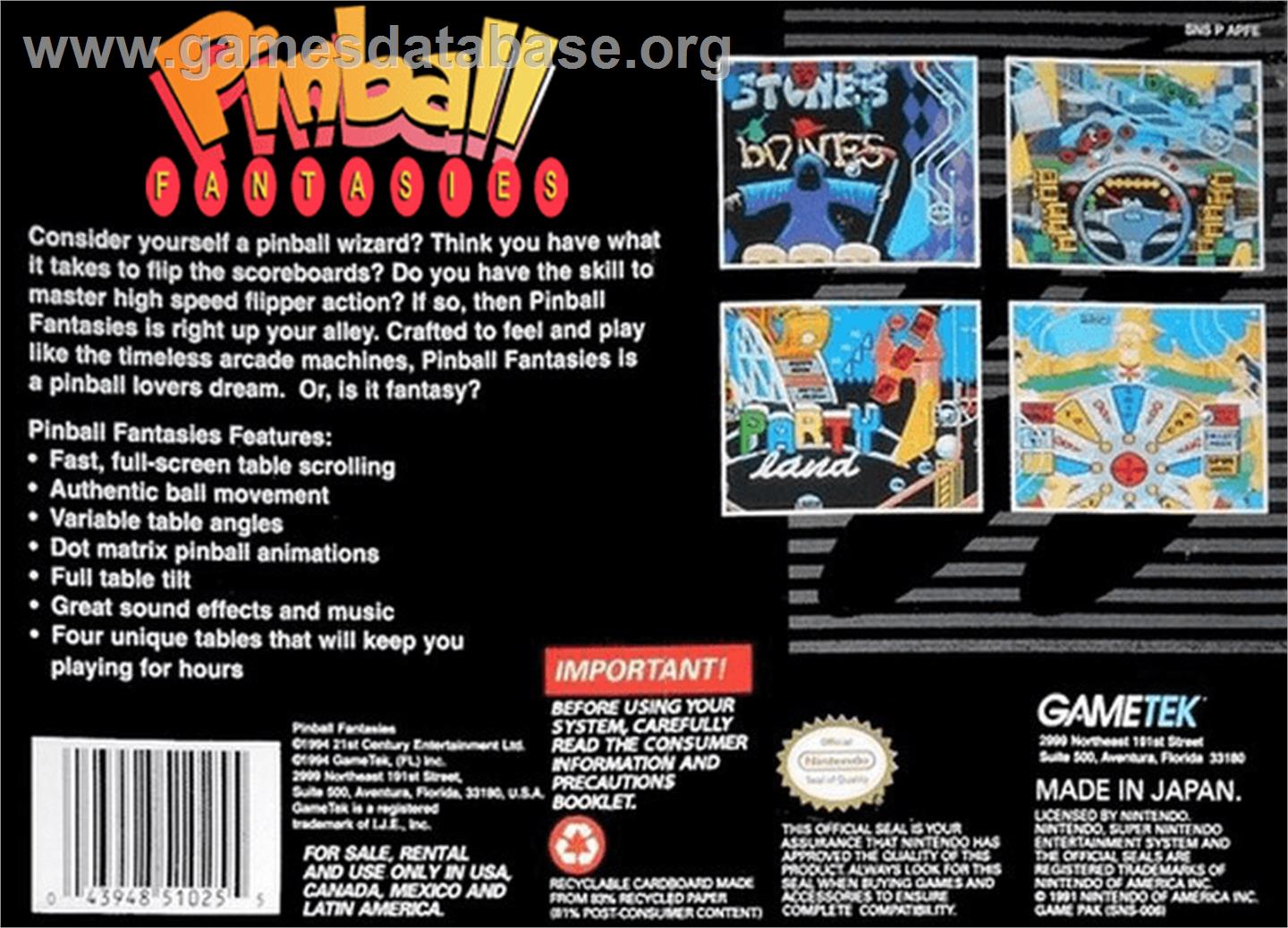 Pinball Fantasies - Nintendo SNES - Artwork - Box Back