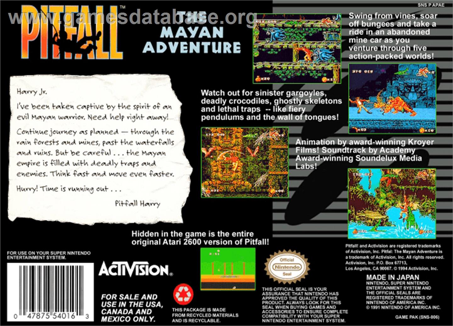 Pitfall: The Mayan Adventure - Nintendo SNES - Artwork - Box Back