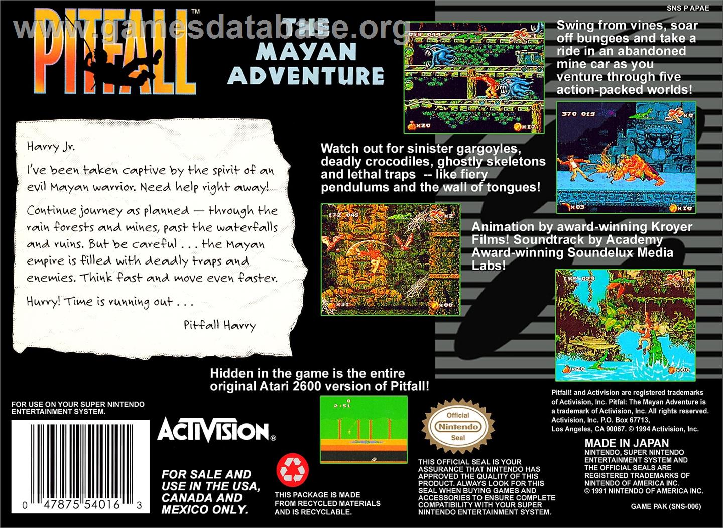 Pitfall - The Mayan Adventure - Nintendo SNES - Artwork - Box Back