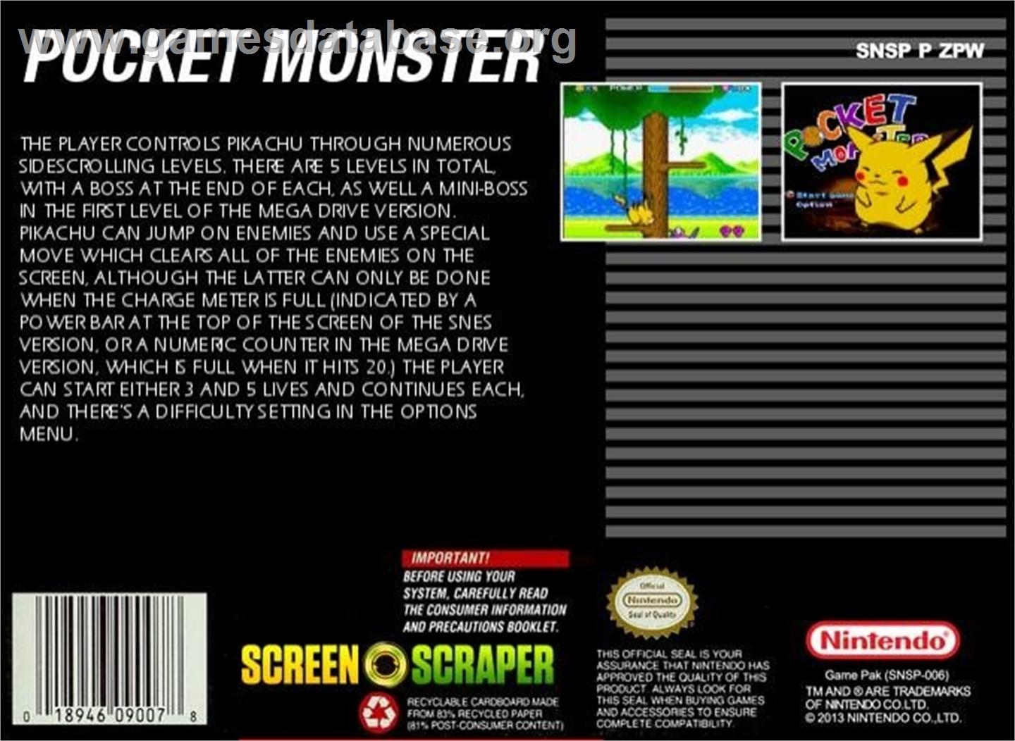 Pocket Monster - Nintendo SNES - Artwork - Box Back