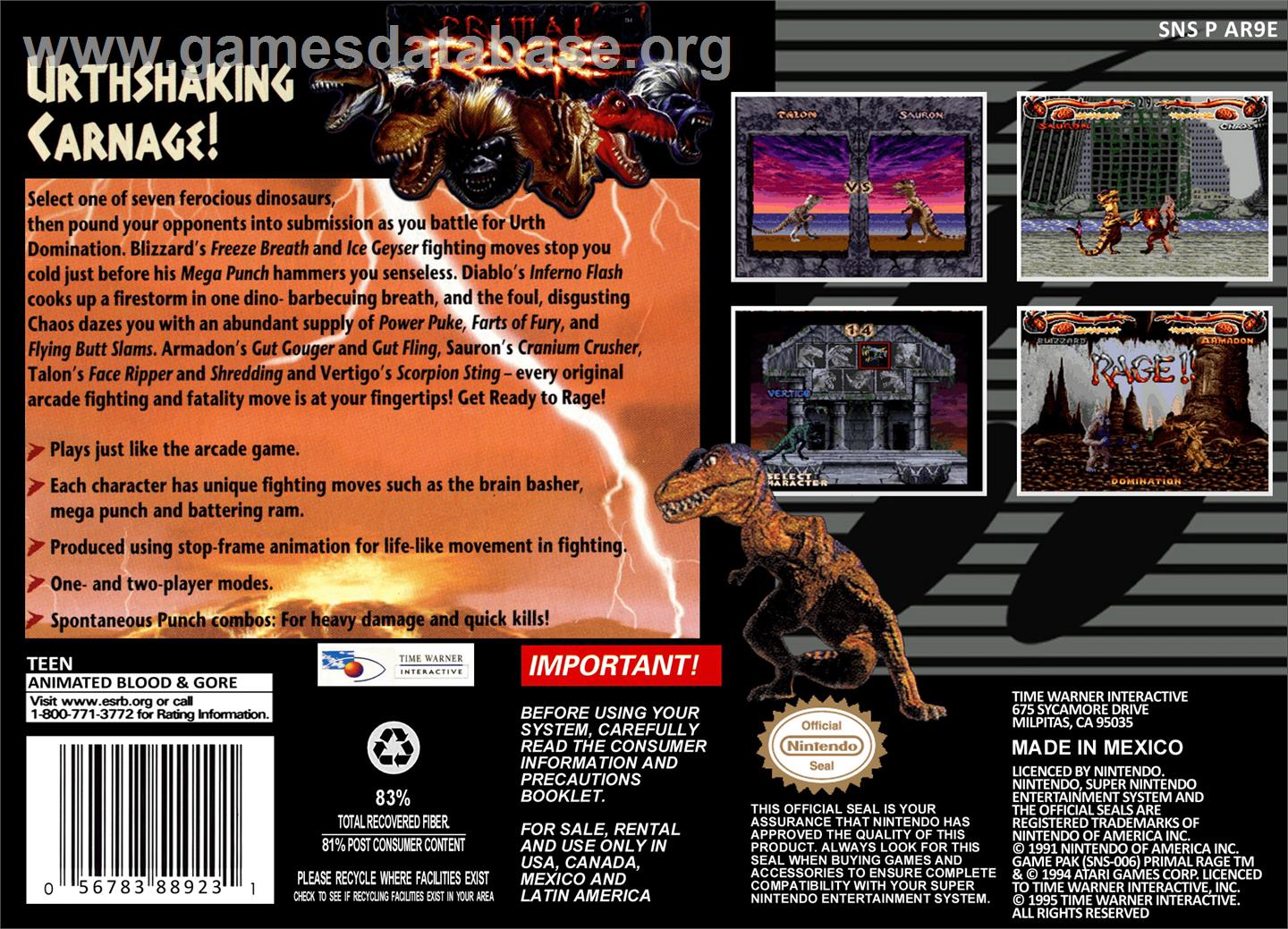 Primal Rage - Nintendo SNES - Artwork - Box Back