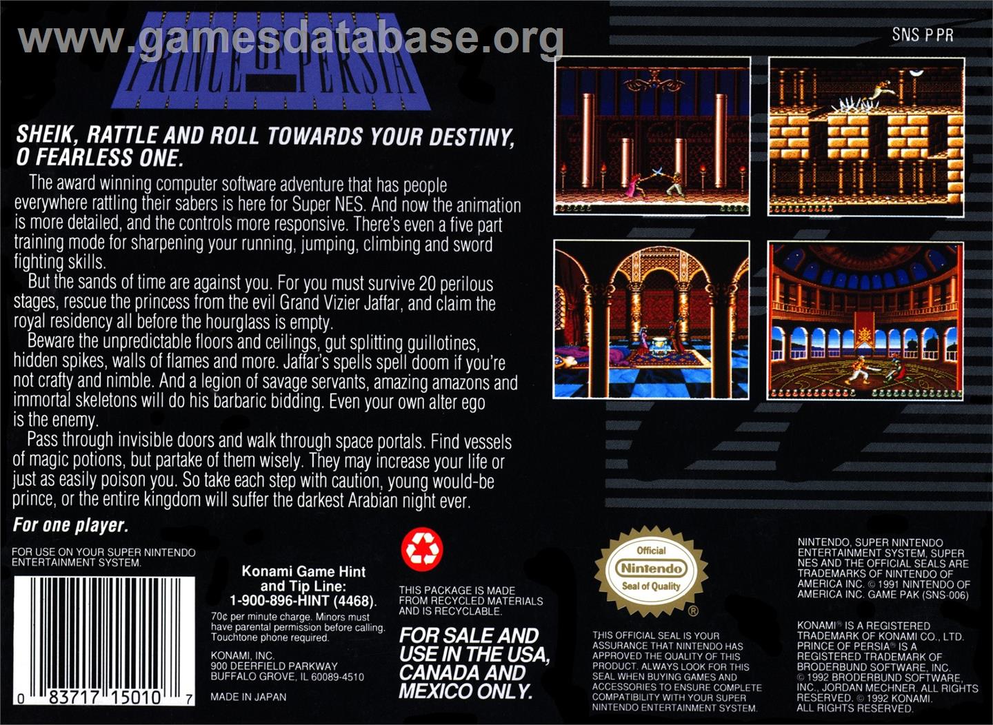 Prince Of Persia - Nintendo SNES - Artwork - Box Back