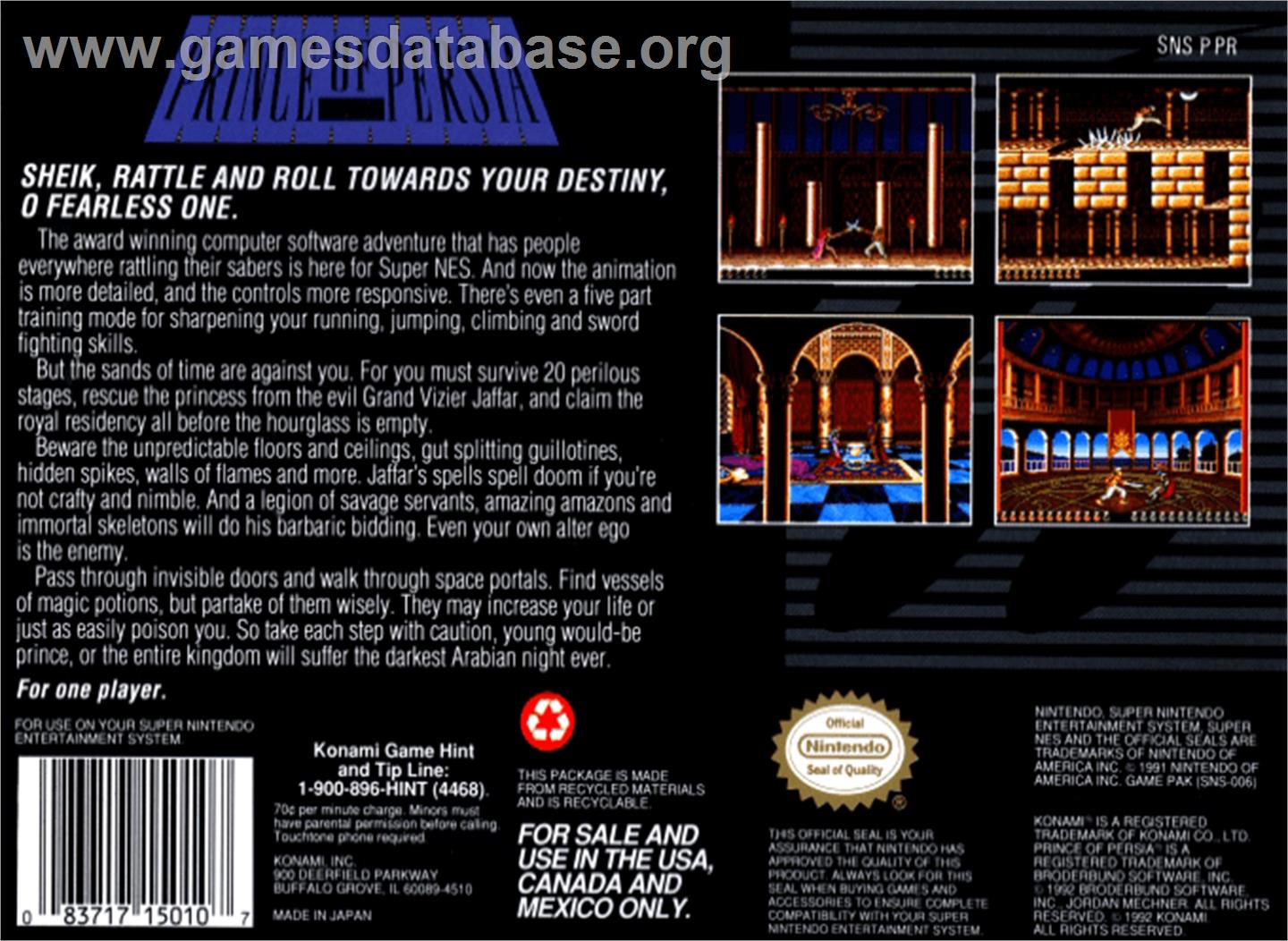 Prince of Persia - Nintendo SNES - Artwork - Box Back