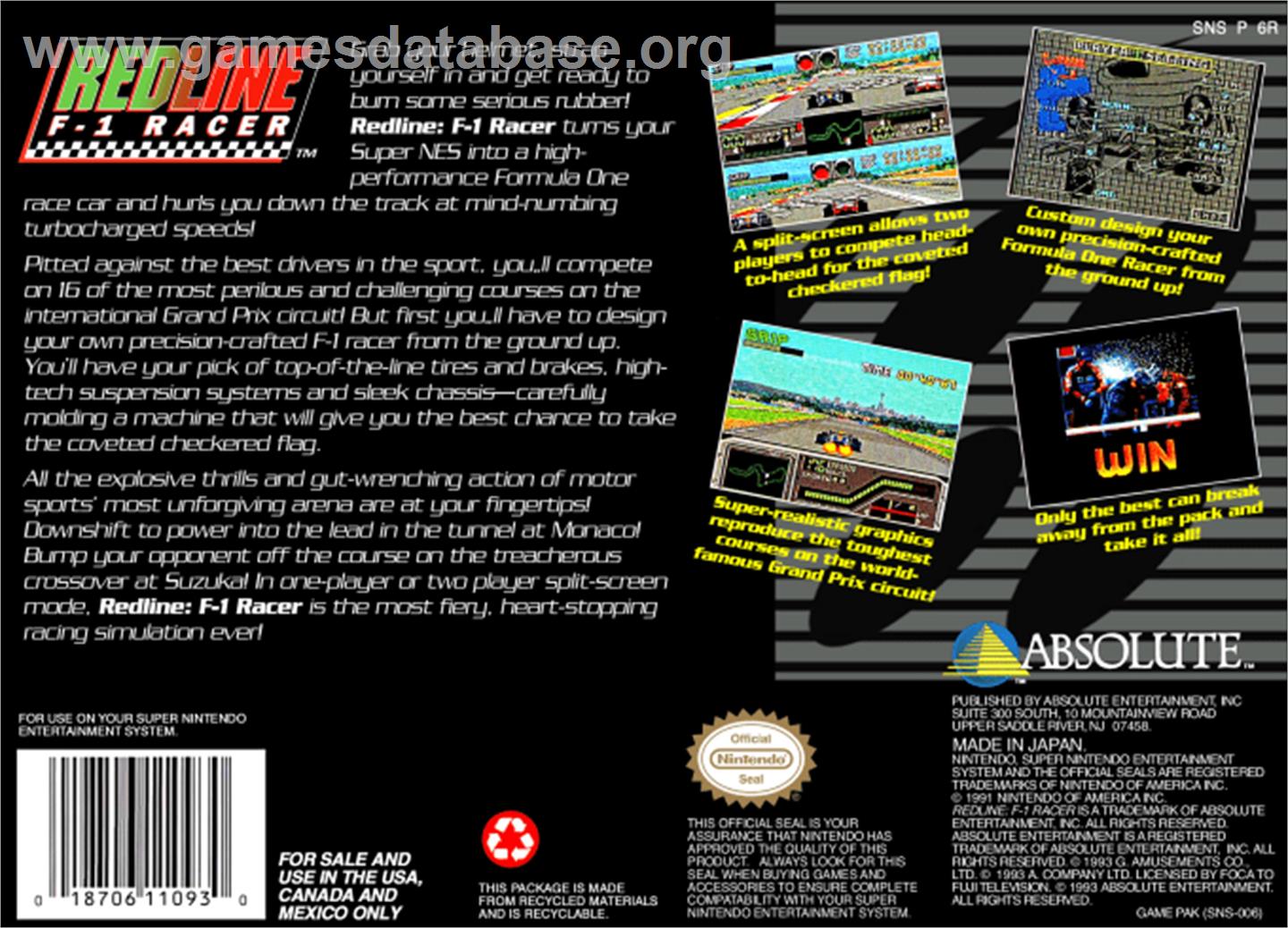 Redline: F1 Racer - Nintendo SNES - Artwork - Box Back