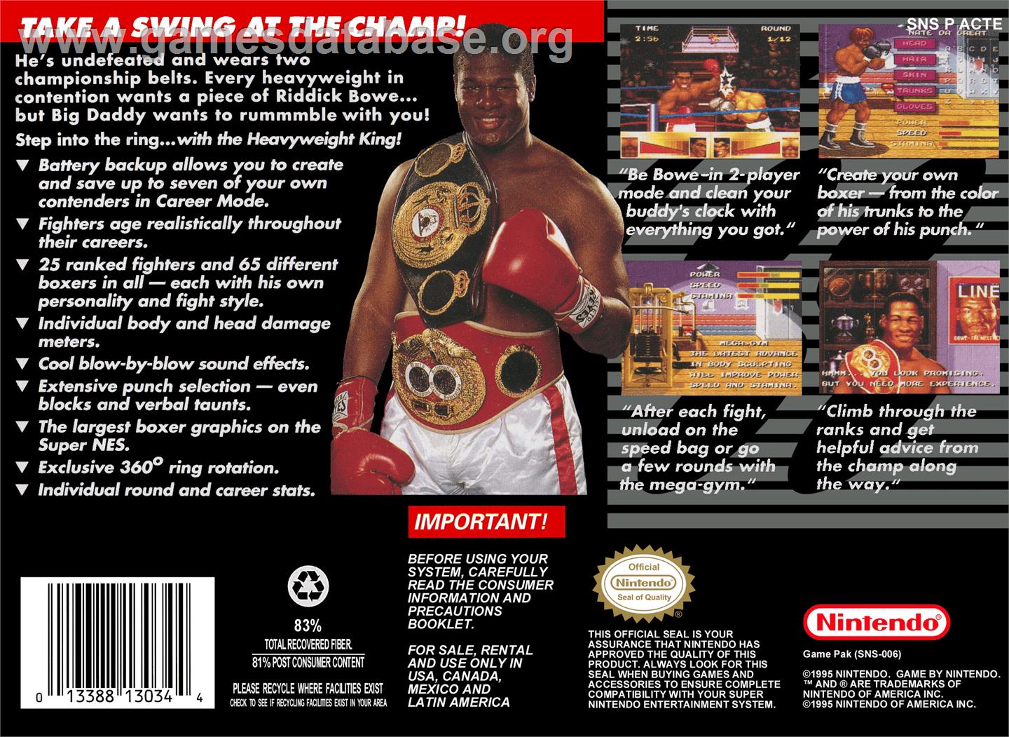 Riddick Bowe Boxing - Nintendo SNES - Artwork - Box Back