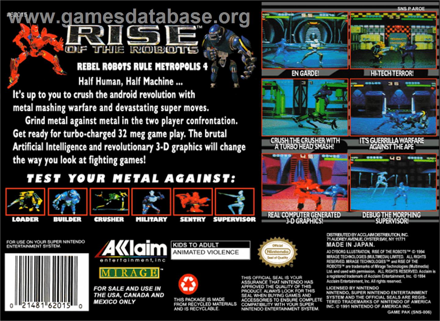 Rise of the Robots - Nintendo SNES - Artwork - Box Back