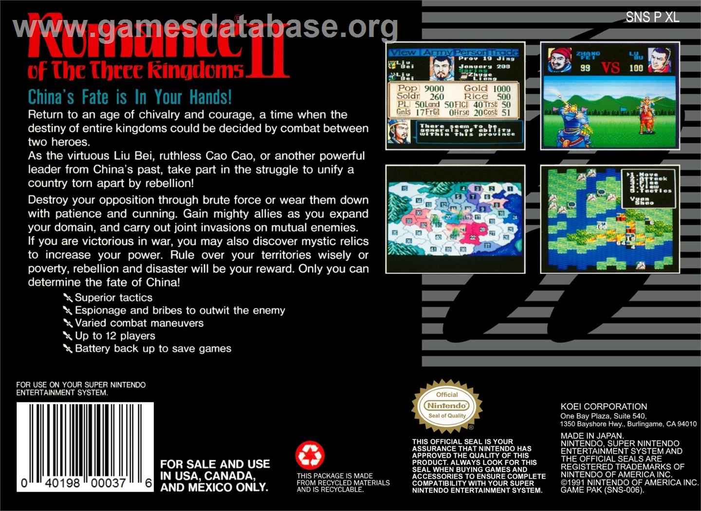 Romance Of The Three Kingdoms 2 - Nintendo SNES - Artwork - Box Back