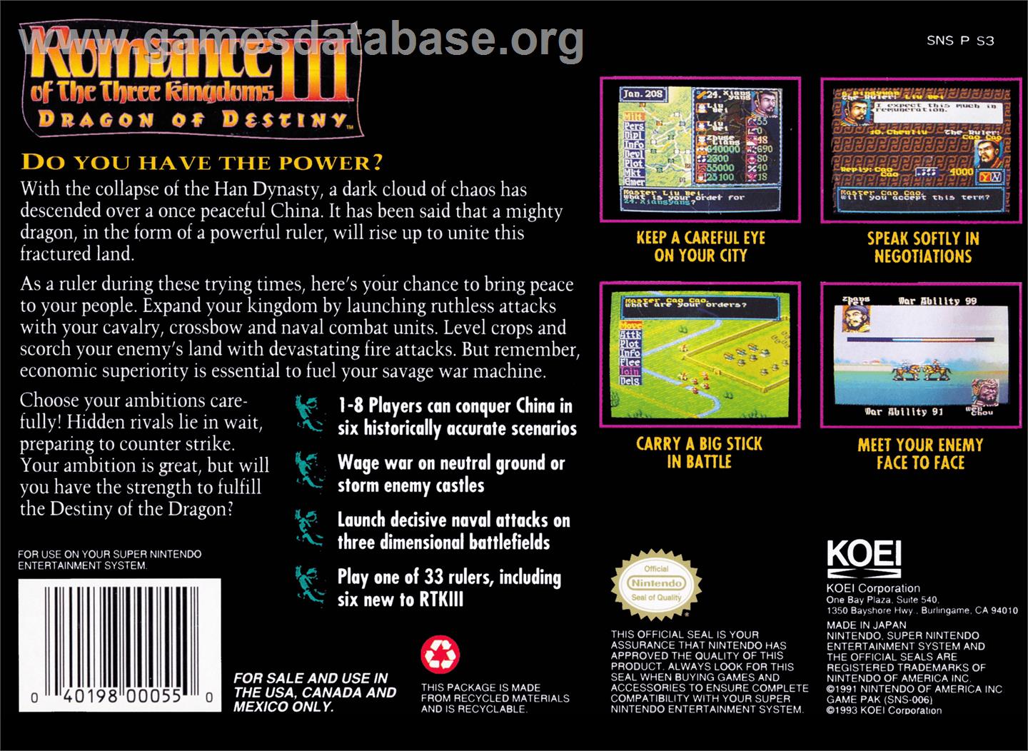 Romance of the Three Kingdoms III: Dragon of Destiny - Nintendo SNES - Artwork - Box Back
