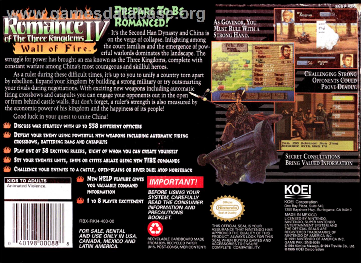 Romance of the Three Kingdoms IV: Wall of Fire - Nintendo SNES - Artwork - Box Back